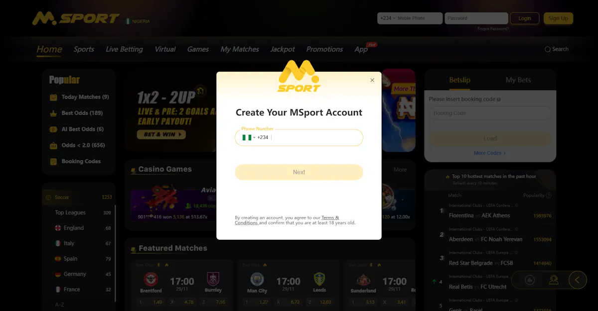 Msport Casino How to Register Screenshot